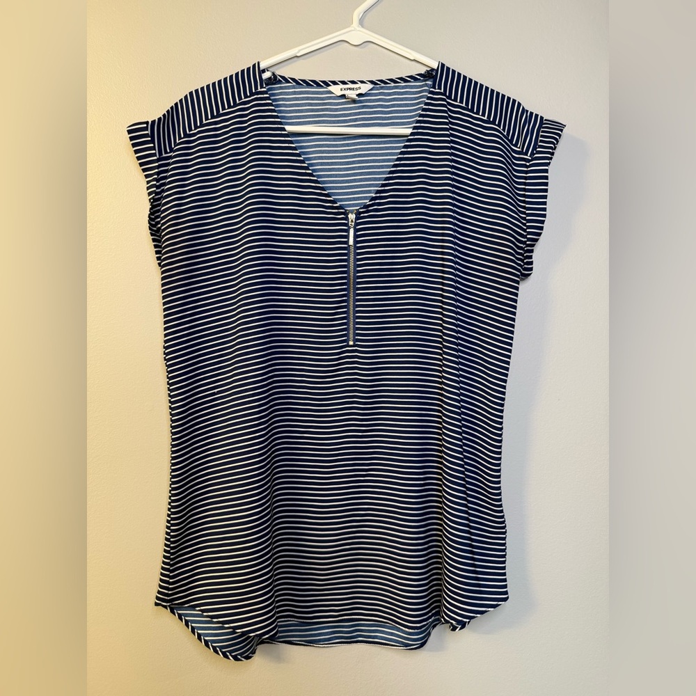 Express blue and white striped top with working zipper front.